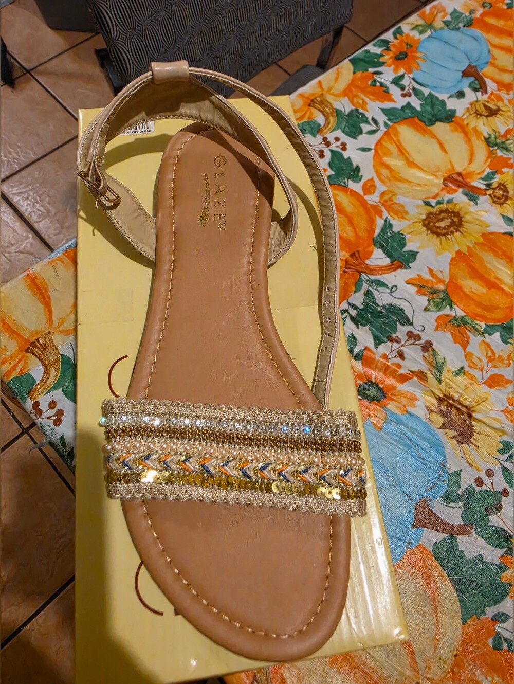 Glaze Gold Beaded Braided Strap Sandals